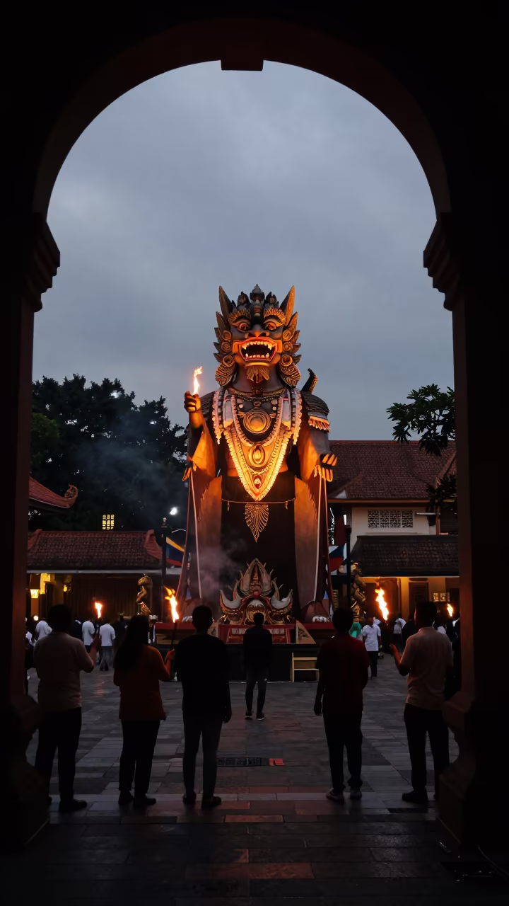 Predawn Ogoh Ogoh Firelight Temple Courtyard in in a temple courtyard near Glodok, Jakarta