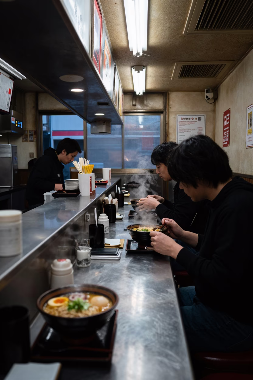 Predawn Osaka Diner Interior with Ramen Bowl and Steam Train Poster in in Osaka, Japan