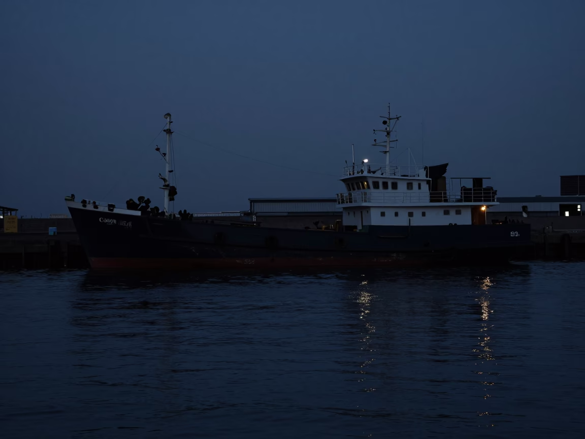Predawn Osaka Harbor Junk Boat and Grease Sheen on Shelf Realistic Photograph in in Osaka, Japan