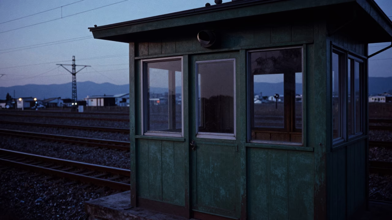 Predawn Osaka Japan Railway Signal Cabin Beside Switch Tracks with Enamel Pitcher in in Osaka, Japan