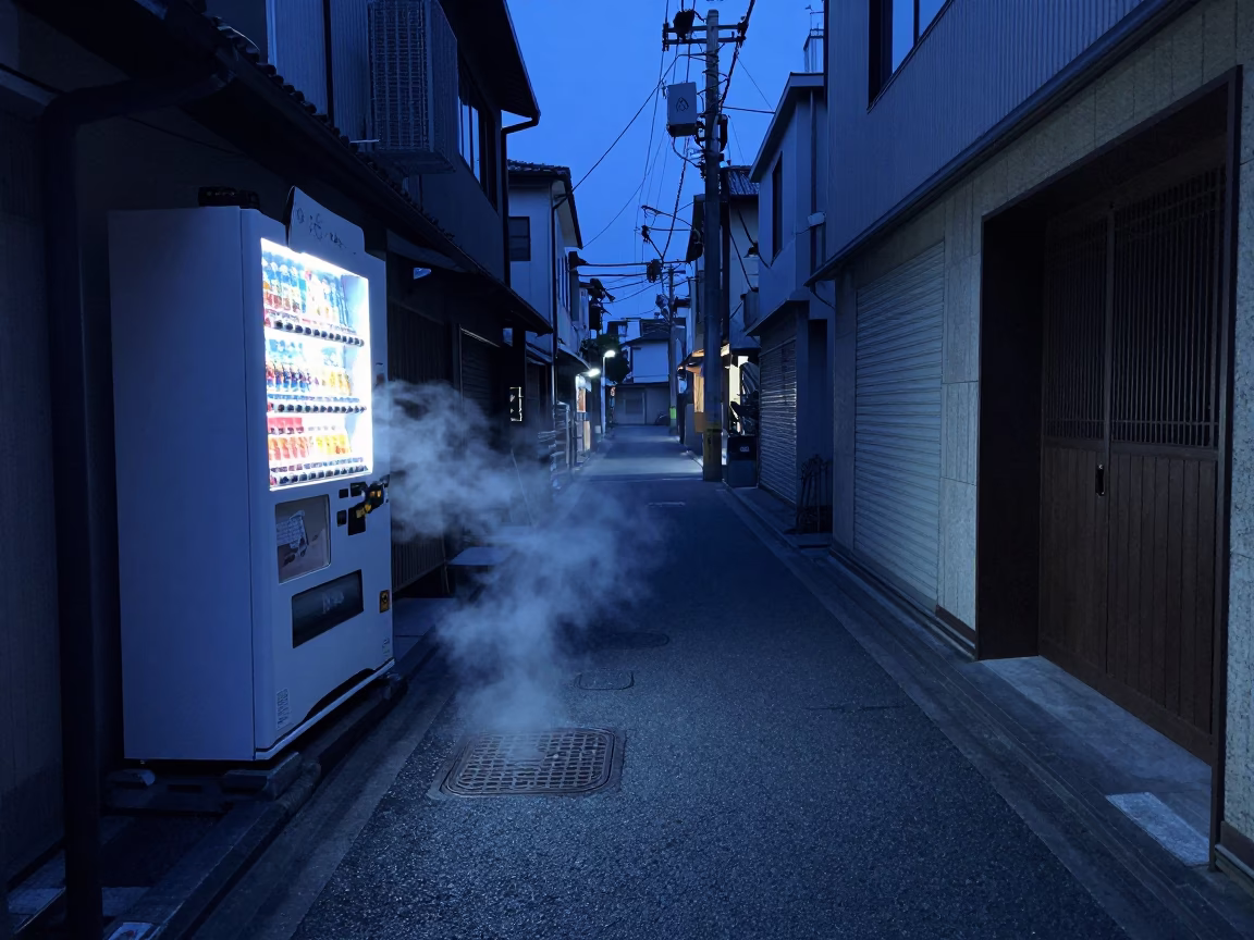 Predawn Osaka Japan street scene with vending machine and solitary figure in darkness in in Osaka, Japan