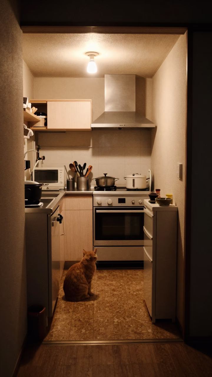 Predawn Osaka Kitchen Interior with Orange Cat and Utensil Crocks in in Osaka, Japan