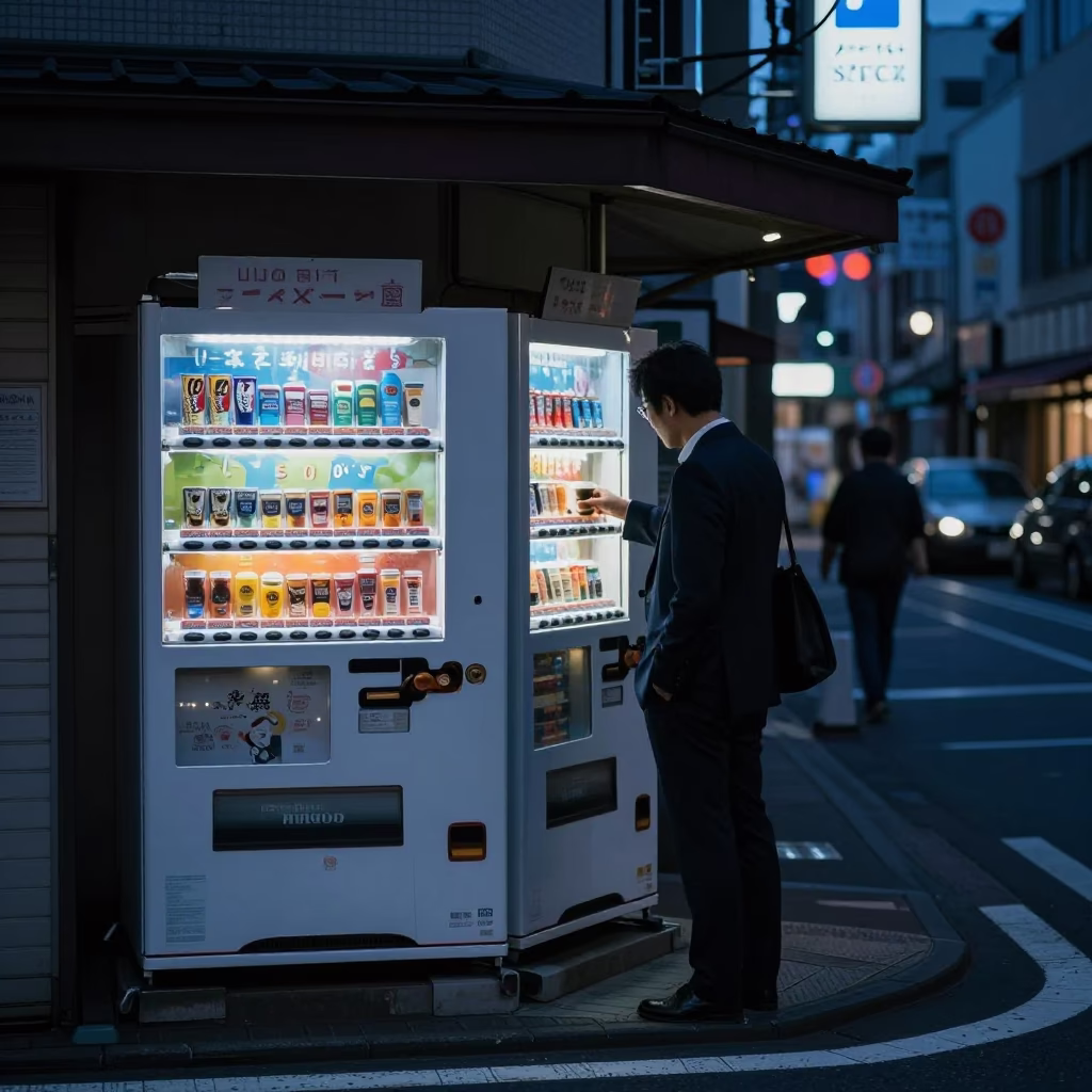 Predawn Osaka Street Corner with Vending Machines and Neon Reflections in in Osaka, Japan