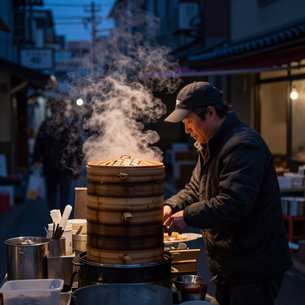 Predawn Osaka Street Food Stall Steamers and Local Morning Routine in in Osaka, Japan
