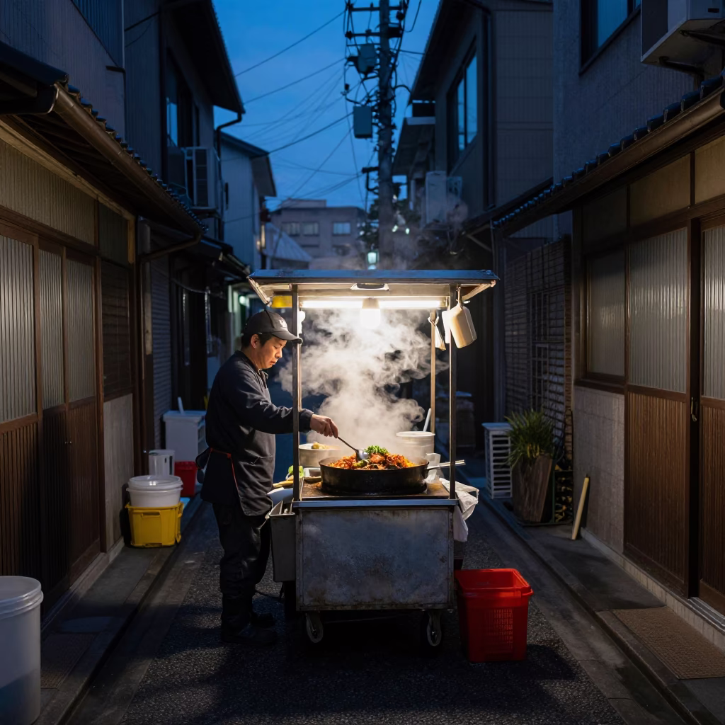 Predawn Osaka Street Food Vendor Cooking Koshari in Dim Alleyway in in Osaka, Japan