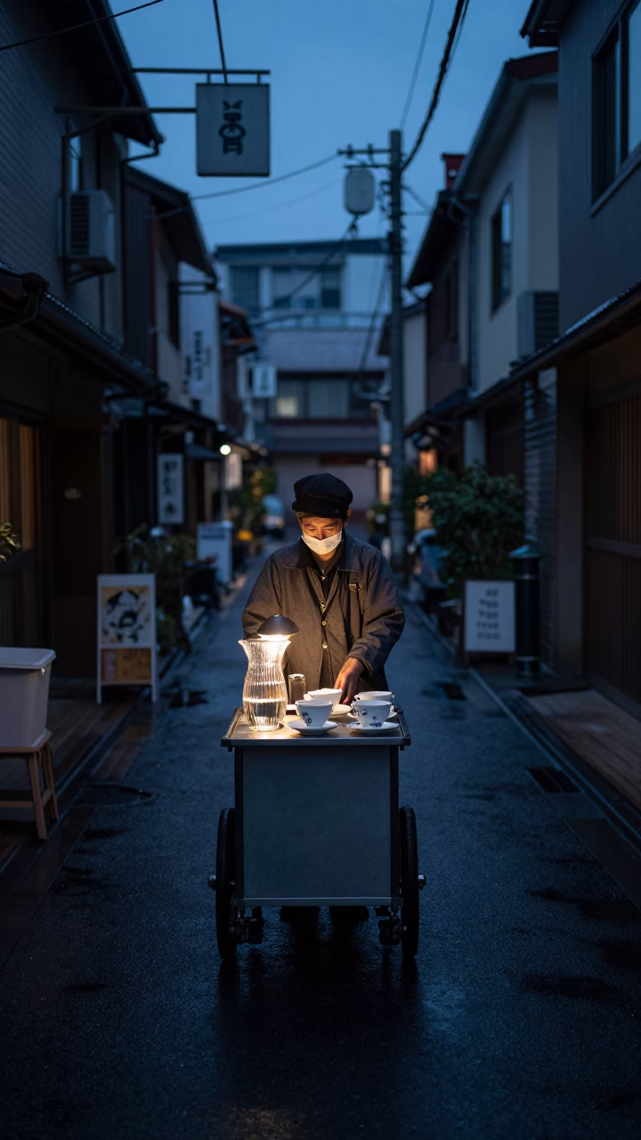 Predawn Osaka Street Scene with Glass Vase and Teacups on Vendor Cart in in Osaka, Japan