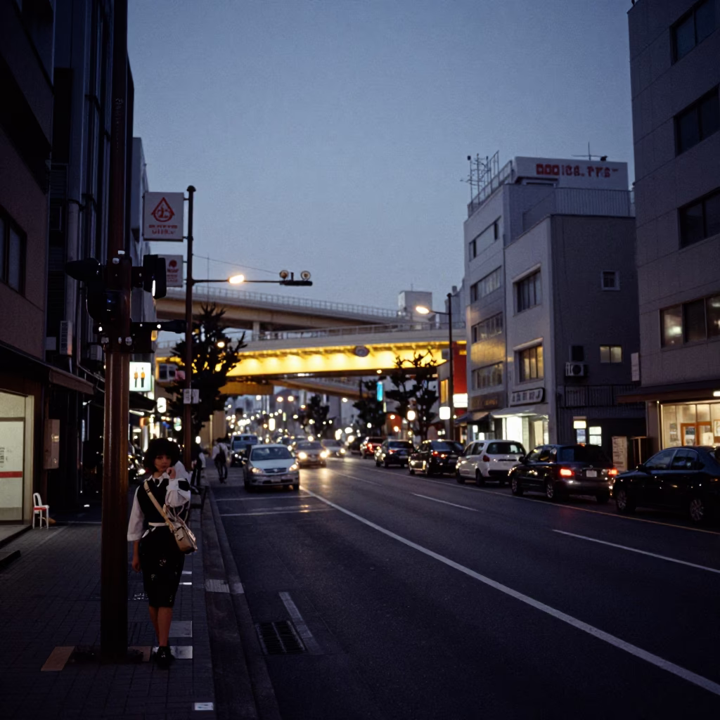 Predawn Osaka Street Scene with Glowing Overpass and Urban Life in 1980s Japan in in Osaka, Japan