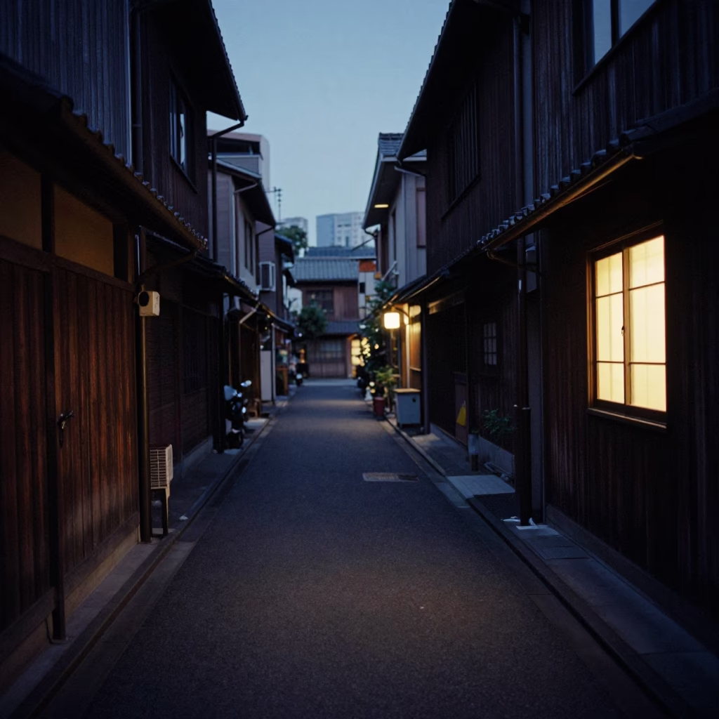 Predawn Osaka Street Scene with Latch and Window Light in 1990s Japan in in Osaka, Japan
