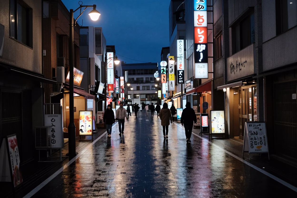 Predawn Osaka Street Scene with Neon Reflections and Early Morning Vendors in in Osaka, Japan