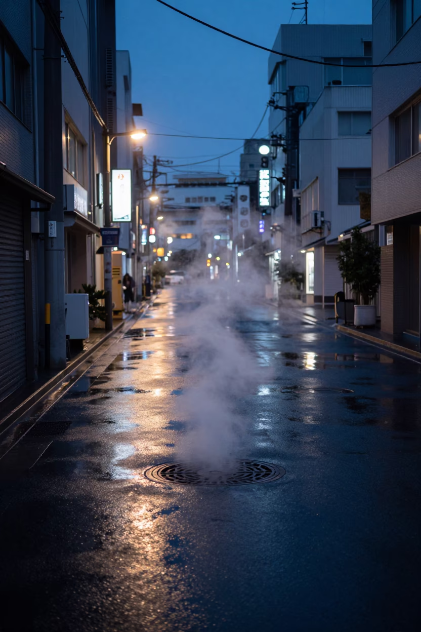 Predawn Osaka Street Scene with Steam and Neon Reflections in Japan in in Osaka, Japan