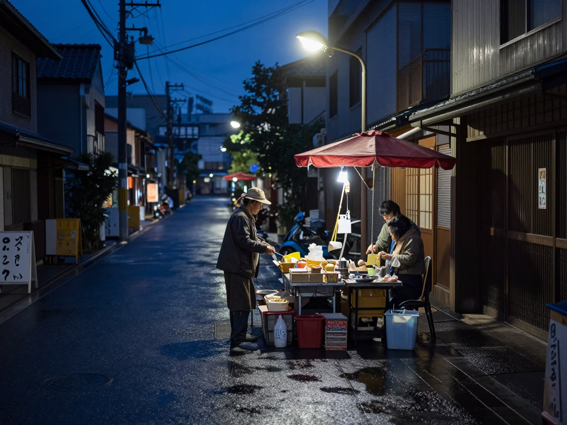 Predawn Osaka Street Scene with Vintage Pin Tin and Empty Saucer in in Osaka, Japan