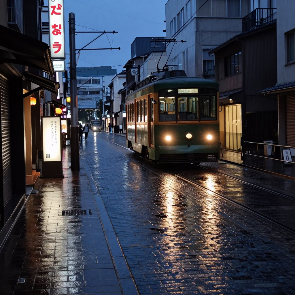Predawn Osaka Street Scene with Wet Cobblestones and Neon Reflections in Japan in in Osaka, Japan