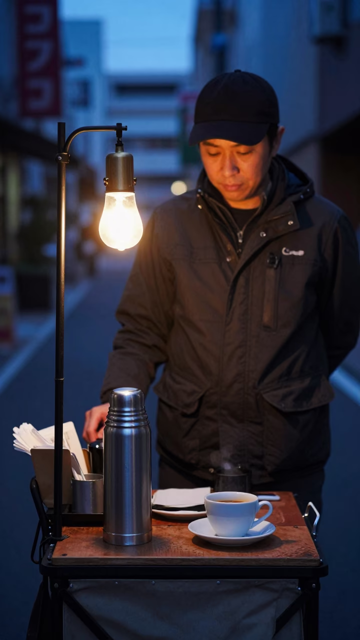 Predawn Osaka Street Vendor Thermos and Espresso Cup Amidst Urban Darkness in in Osaka, Japan