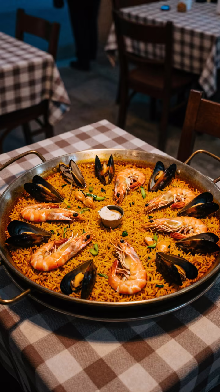 Predawn Paella in Giant Pan at Tlemcen Diner in at a roadside diner table in Tlemcen