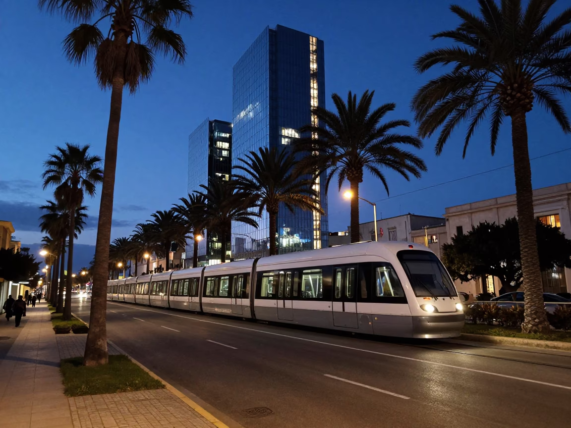 Predawn Palermo Italy Street Scene with Monorail Gliding Past Palm Trees and Glass Towers in in Palermo, Italy