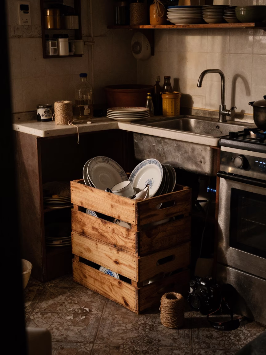 Predawn Palermo Kitchen Chaos with Twine and Wooden Crate in in Palermo, Italy