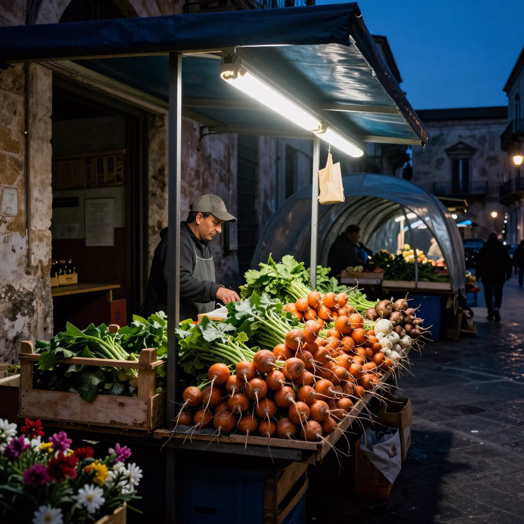 Predawn Palermo Market Stall with Turnips and Service Tunnel Sump Reflections in in Palermo, Italy