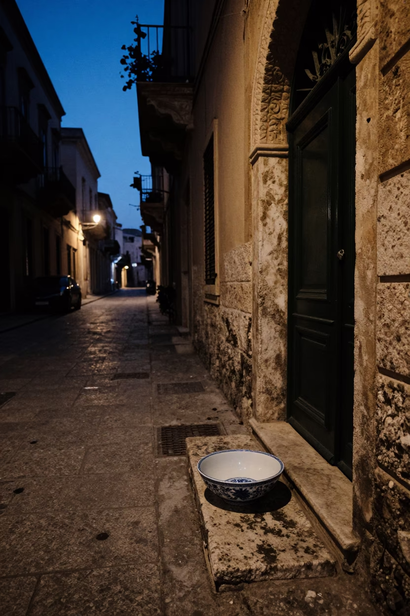 Predawn Palermo Street Scene with Blue Porcelain Bowl and Wet Cobblestones in Italy in in Palermo, Italy