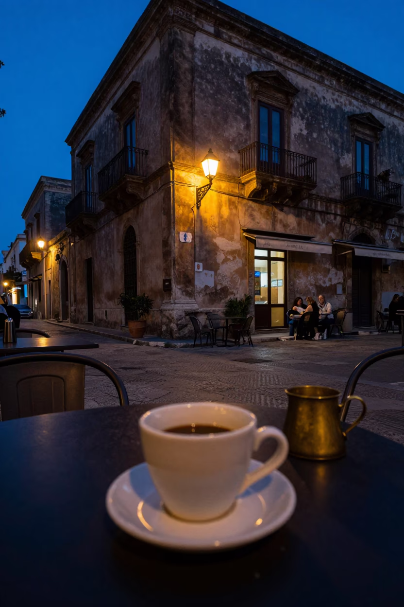 Predawn Palermo Street Scene with Ceramic Cup and Brass Detail in in Palermo, Italy