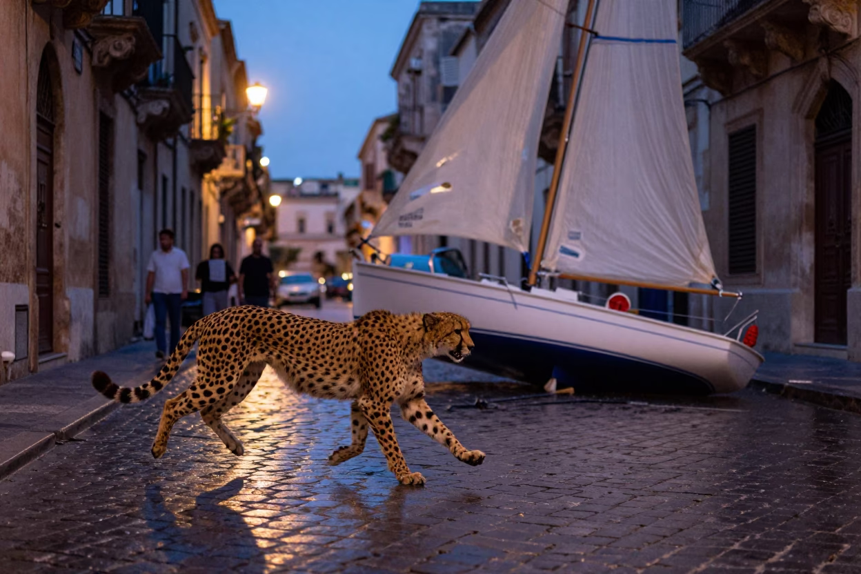 Predawn Palermo Street Scene with Cheetah and Sailboat Surrealism in in Palermo, Italy