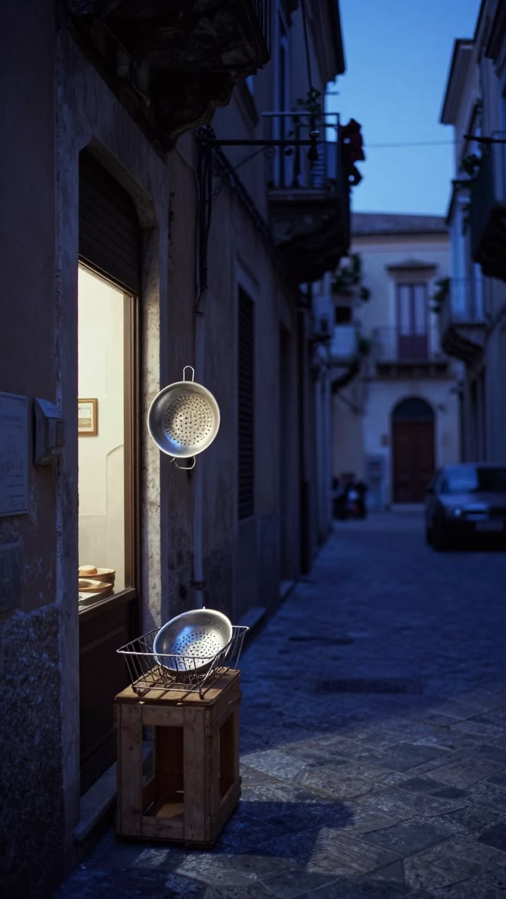 Predawn Palermo Street Scene with Colander and Dish Rack in in Palermo, Italy