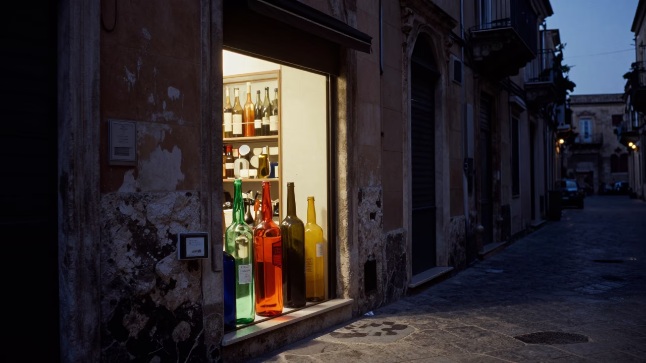 Predawn Palermo Street Scene with Colorful Glass Bottles and Local Morning Ambiance in in Palermo, Italy