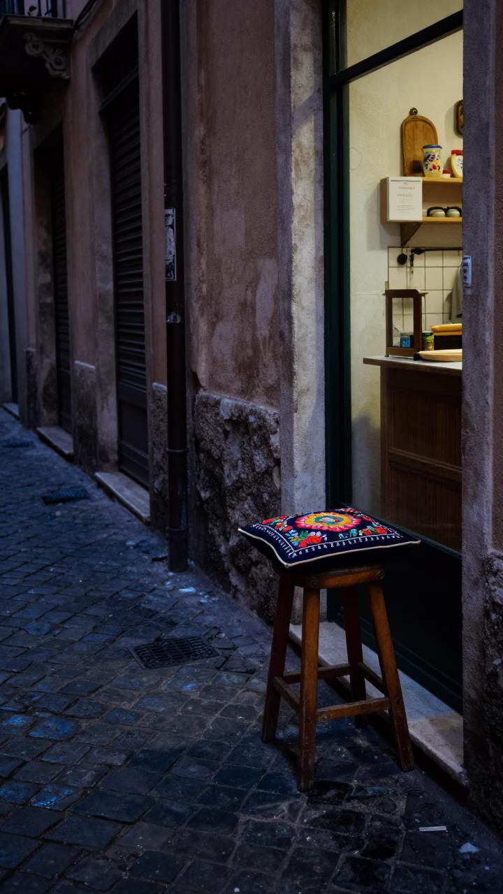 Predawn Palermo Street Scene with Embroidered Cushion and Kitchen Stool in Sicilian Alley in in Palermo, Italy