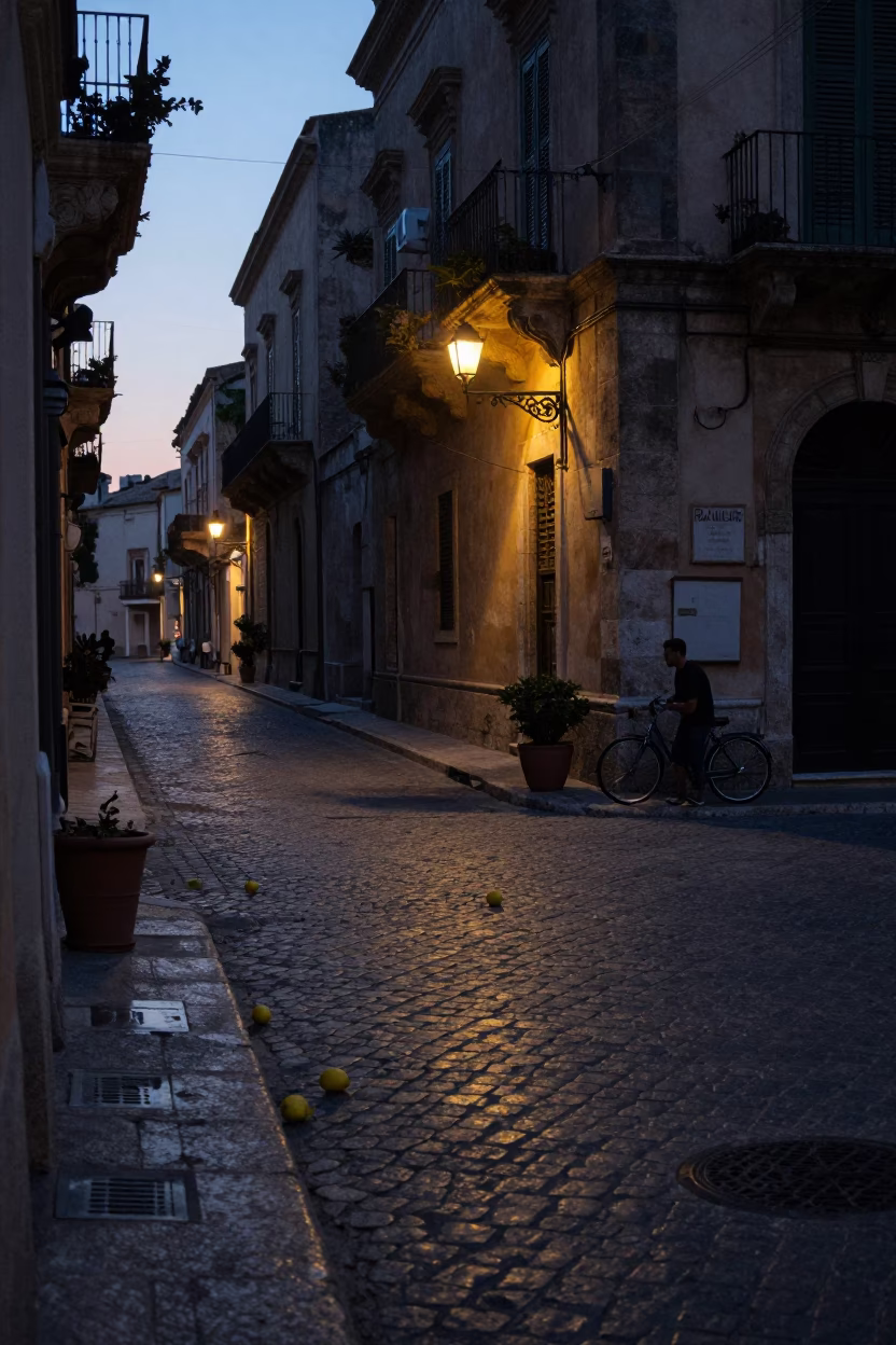 Predawn Palermo Street Scene with Lemons and Cobblestones in 1990s Italy in in Palermo, Italy