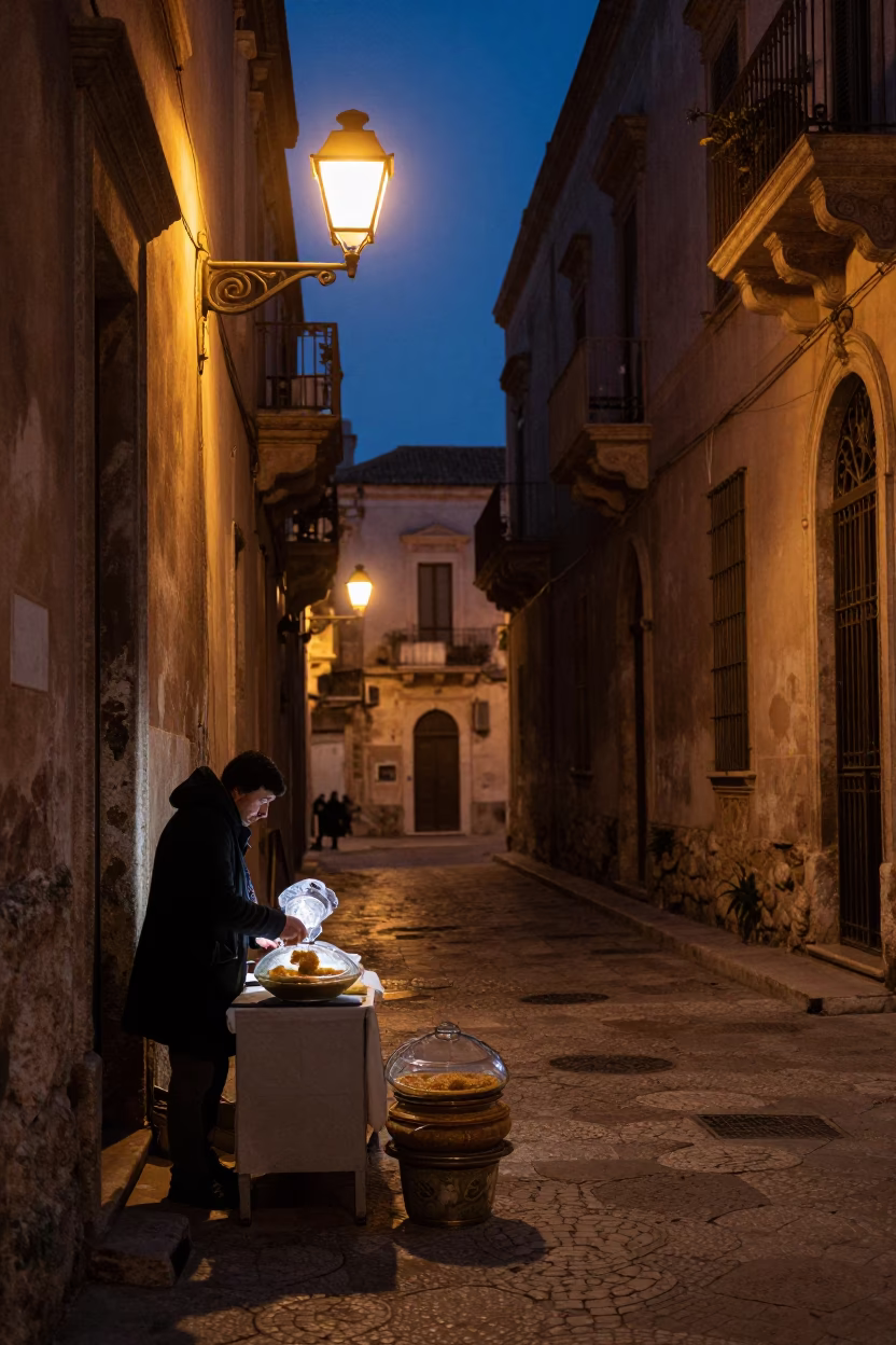 Predawn Palermo Street Scene with Manakeesh and Glass Basin in 1990s Style in in Palermo, Italy