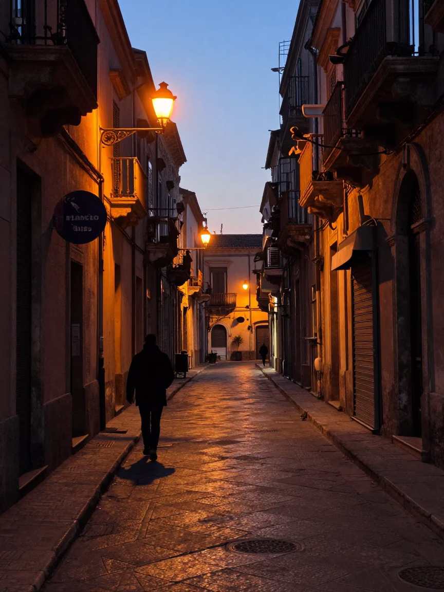 Predawn Palermo Street Scene with Sodium Lamp Shadows and Local Morning Routine in in Palermo, Italy