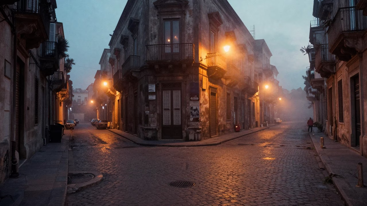 Predawn Palermo Street Scene with Steam Haze and Local Market Activity in in Palermo, Italy