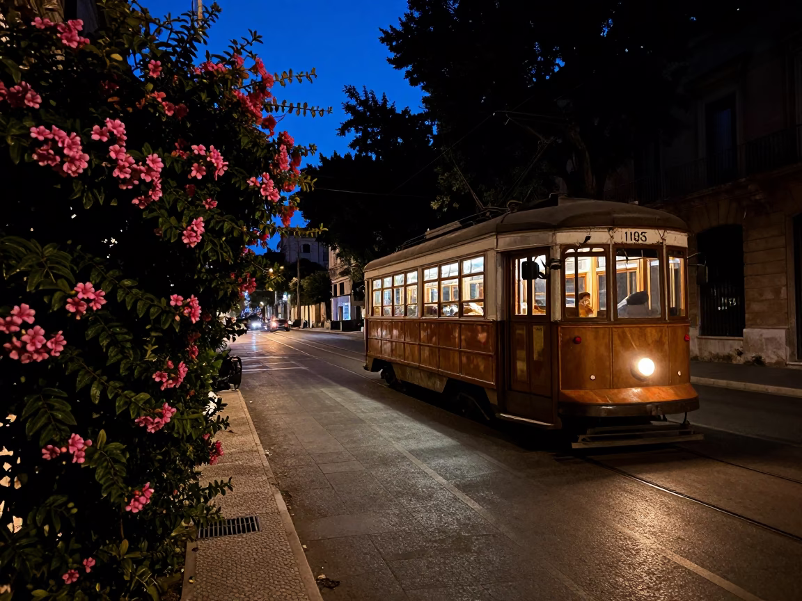 Predawn Palermo street scene with tramcar and plumbago hedge in darkness in in Palermo, Italy
