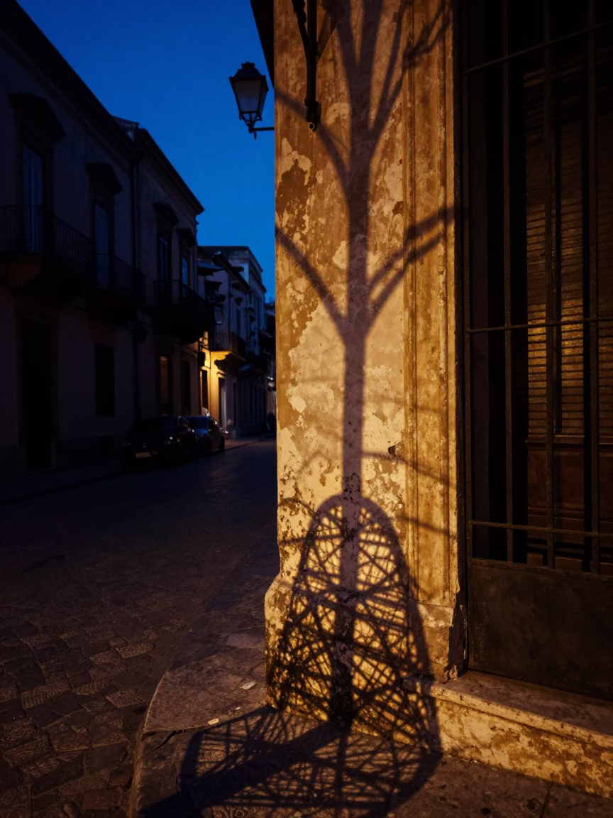 Predawn Palermo street scene with wicker shadow on frame and local morning market activity in in Palermo, Italy