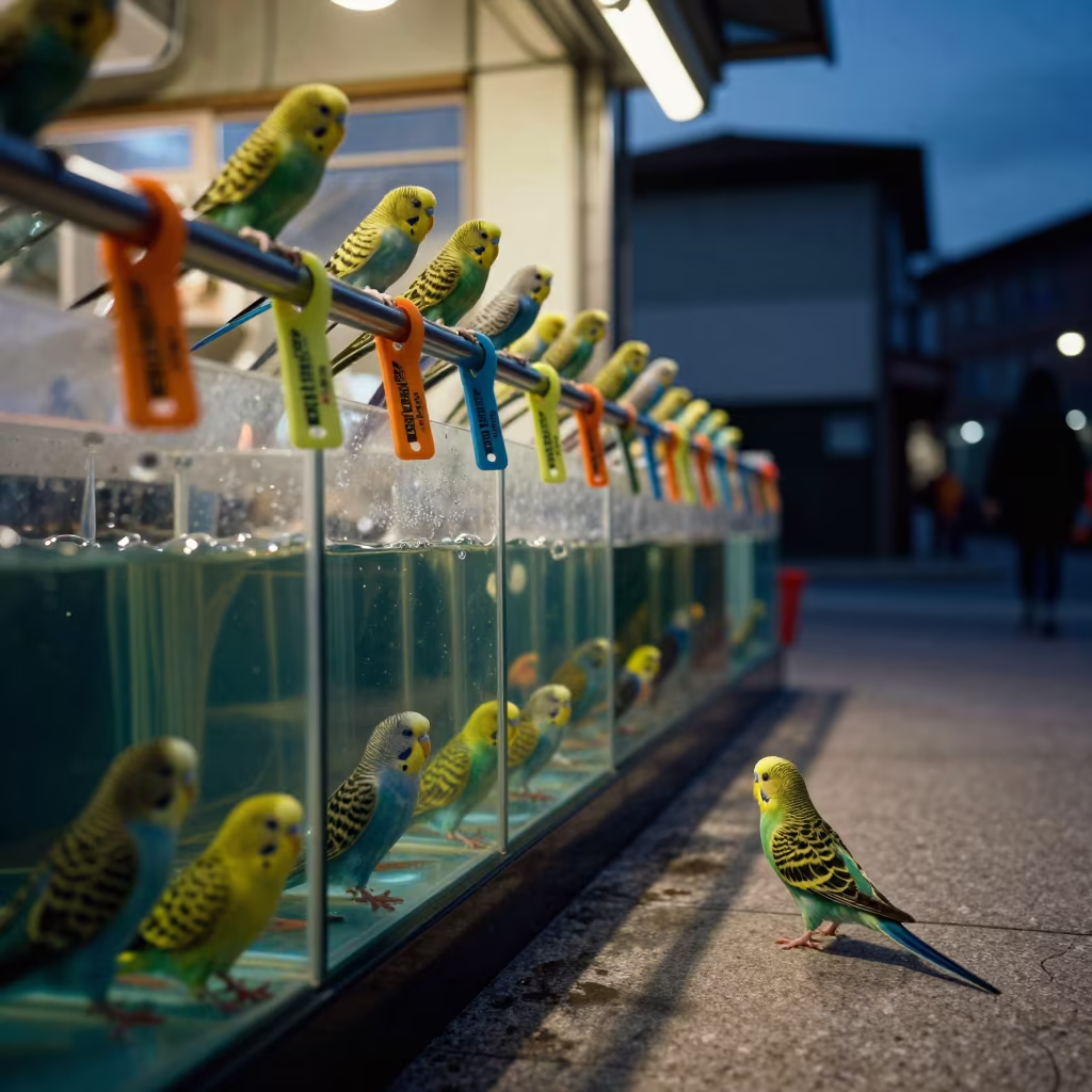 Predawn Parakeet Tags on Service Rail in inside a fish bagging counter zone in Porto