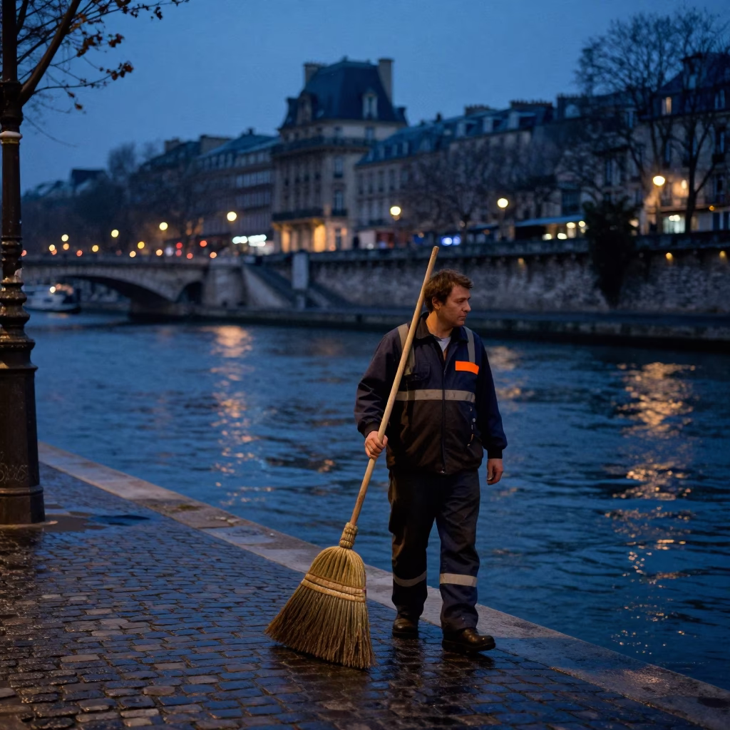 Predawn Paris Street Cleaner with Brooms Near Seine River Bank in in Paris, France