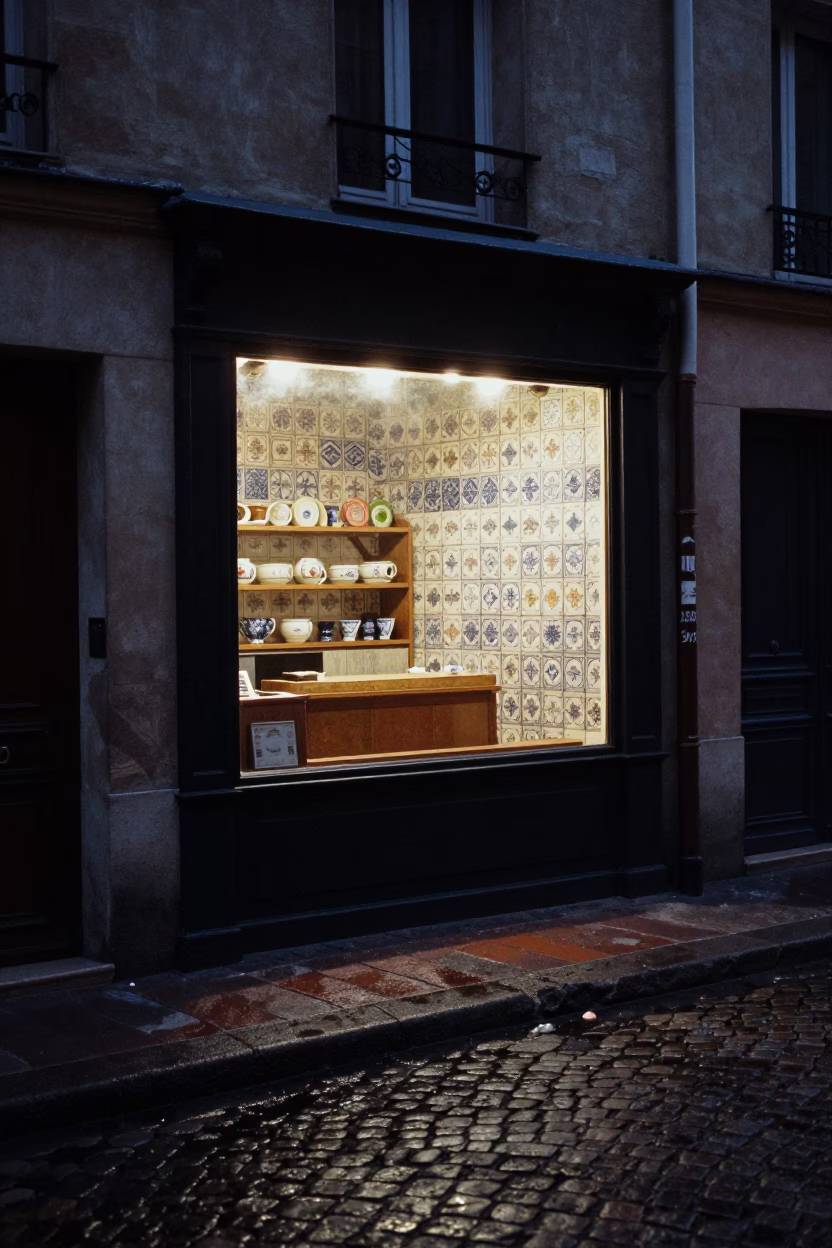 Predawn Paris Street Scene with Ceramic Tiles and Terracotta Pots in Shadows in in Paris, France