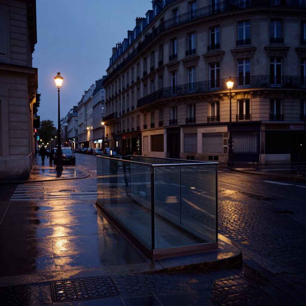 Predawn Paris Street Scene with Clear Glass Rail and Vintage Atmosphere in in Paris, France