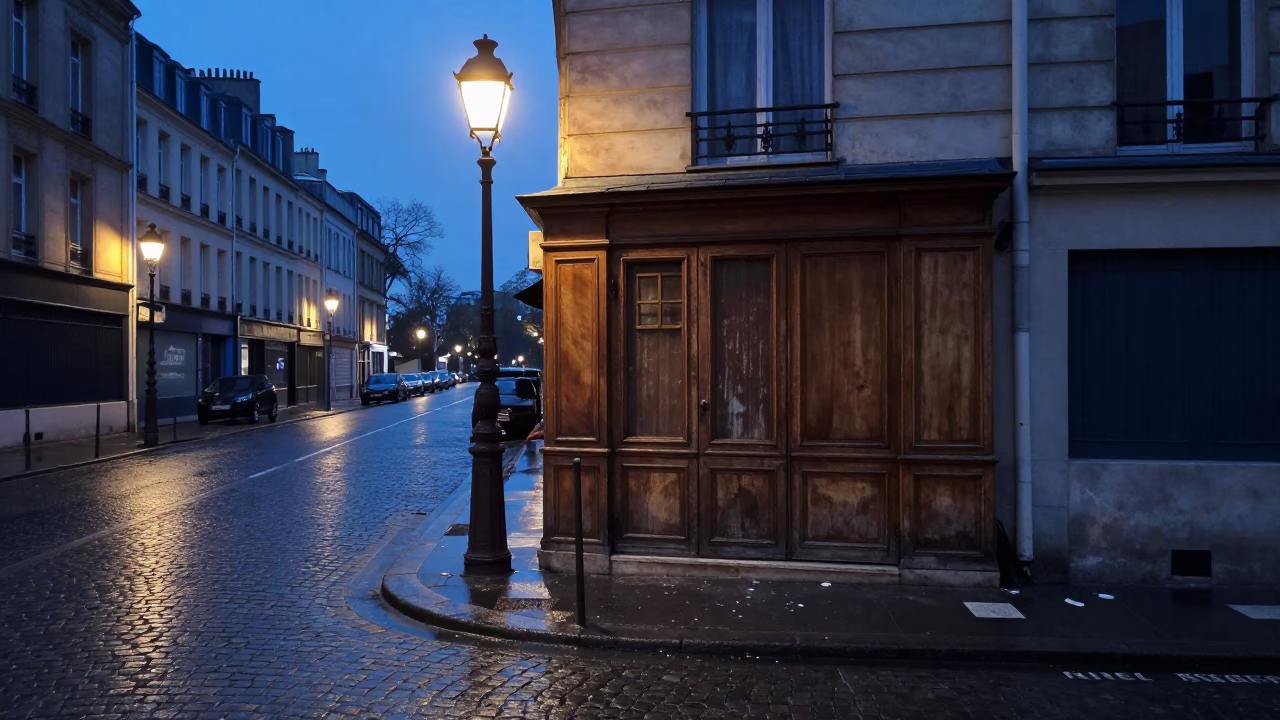 Predawn Paris Street Scene with Cupboard Doors and Faint Morning Light in in Paris, France