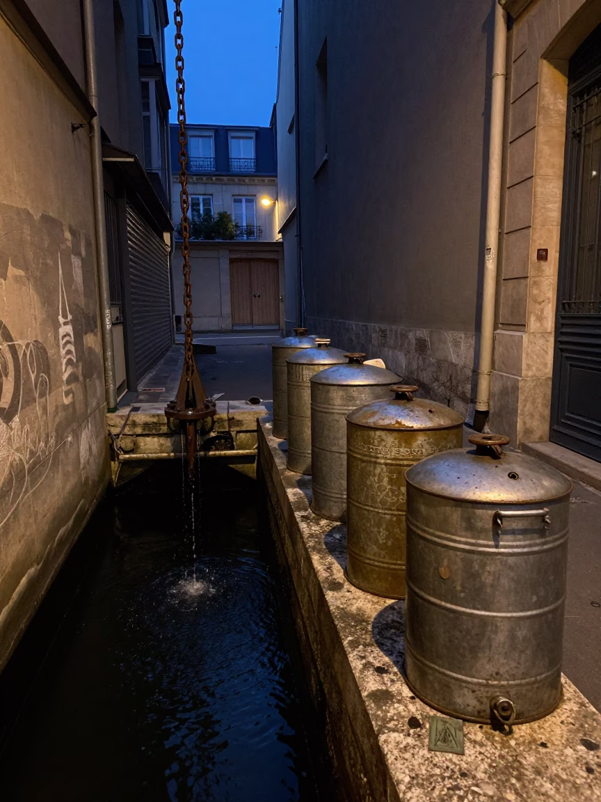 Predawn Paris Street Scene with Dripping Chain and Storage Tins in in Paris, France
