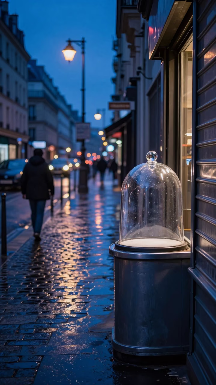 Predawn Paris street scene with glass cloche and commuter train crossing bridge in in Paris, France