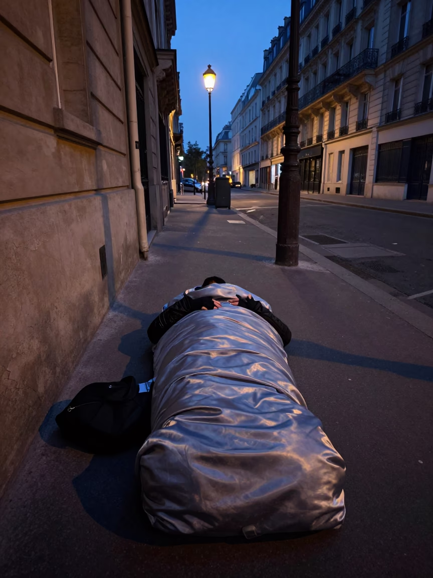 Predawn Paris Street Scene with Sleeping Bag and Silk Dyeing Workshop Fabric in in Paris, France