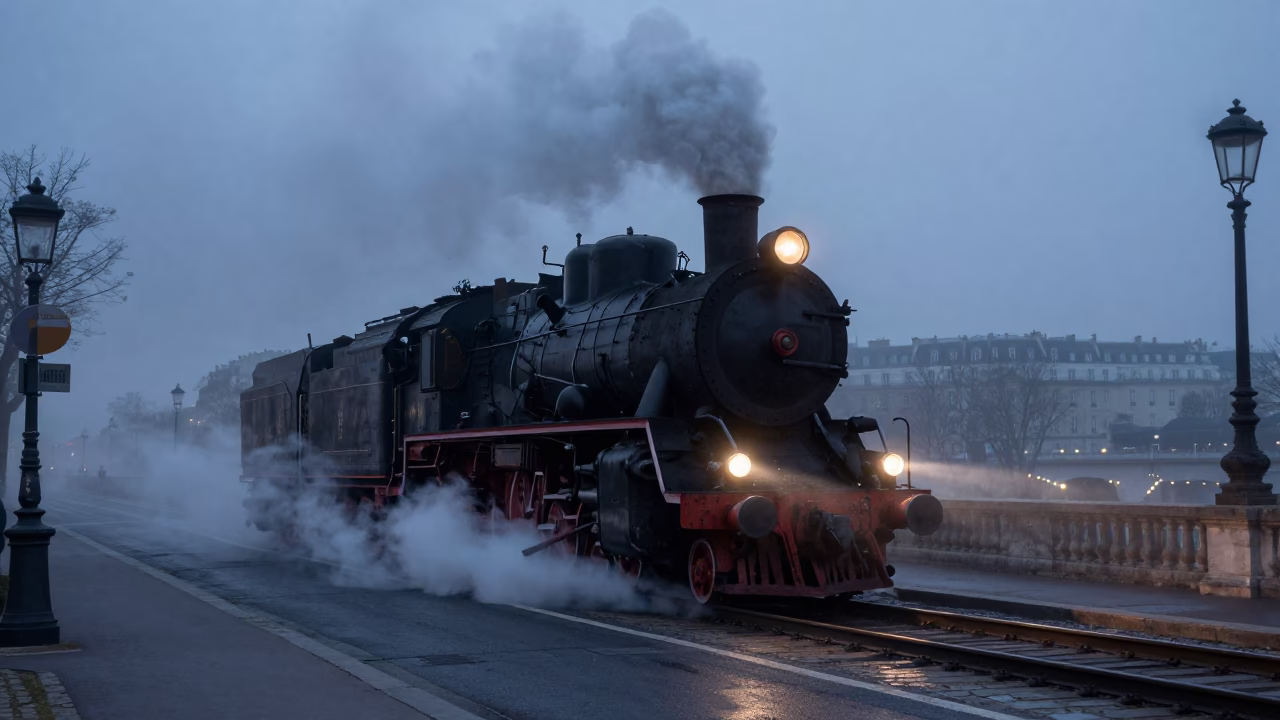 Predawn Paris Street Scene with Steam Locomotive Crossing Bridge in 1970s France in in Paris, France