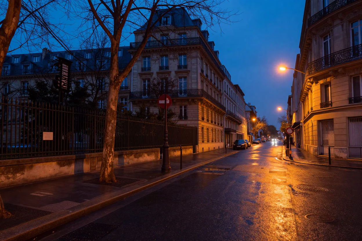 Predawn Paris Street Scene with Substation Fence and Wet Asphalt in in Paris, France