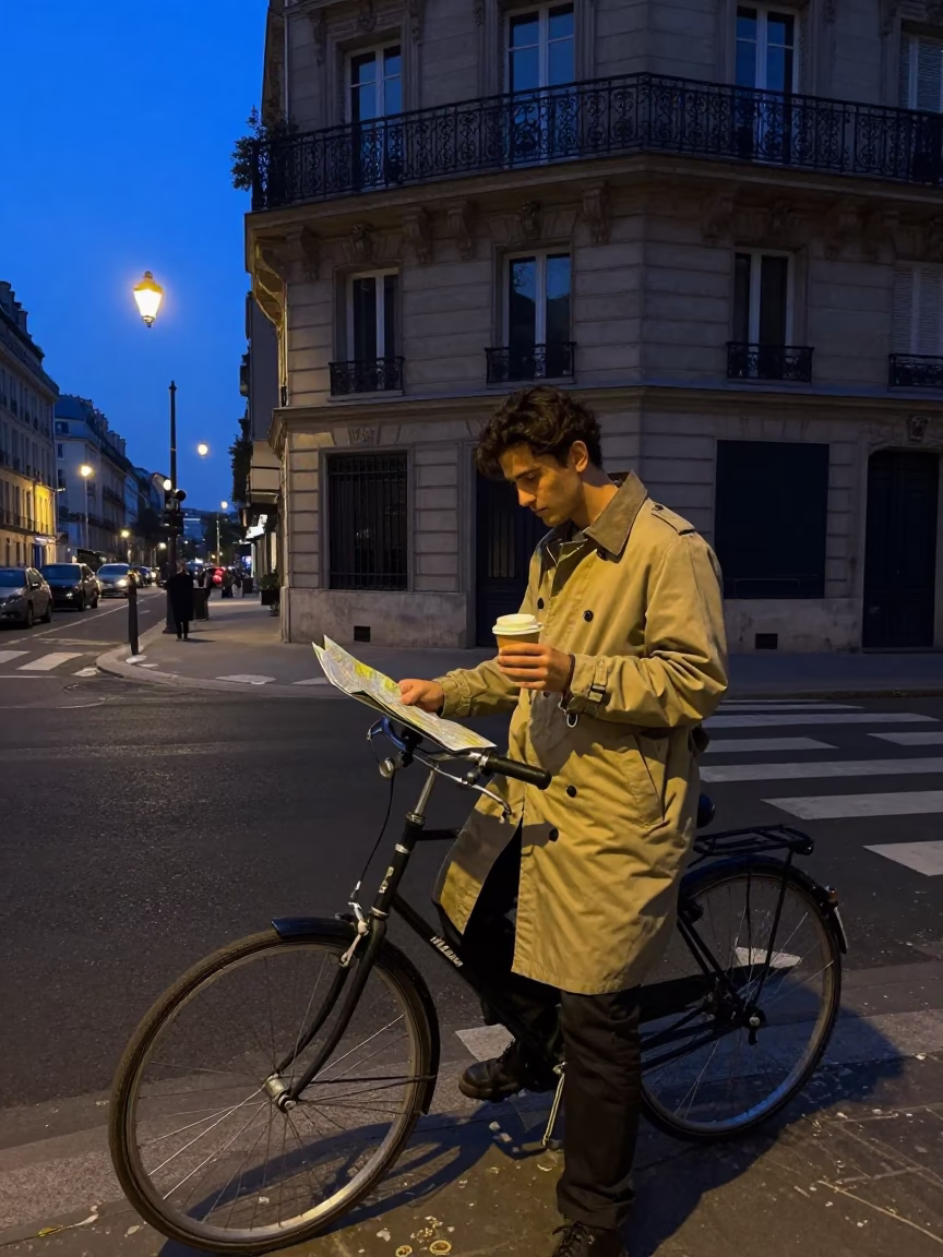 Predawn Paris Street Scene with Vintage Bicycle and Coffee Stall in in Paris, France