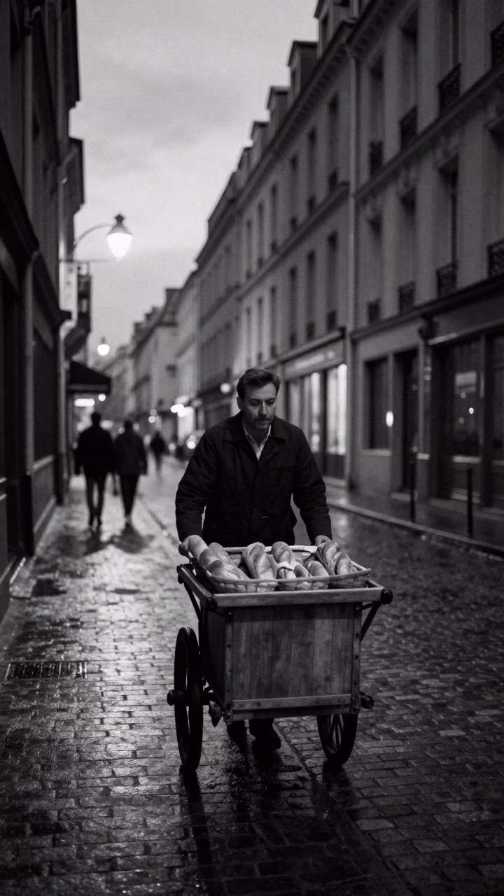 Predawn Paris Street Scene with Vintage Bread Basket and Cobblestone Alleyway in in Paris, France