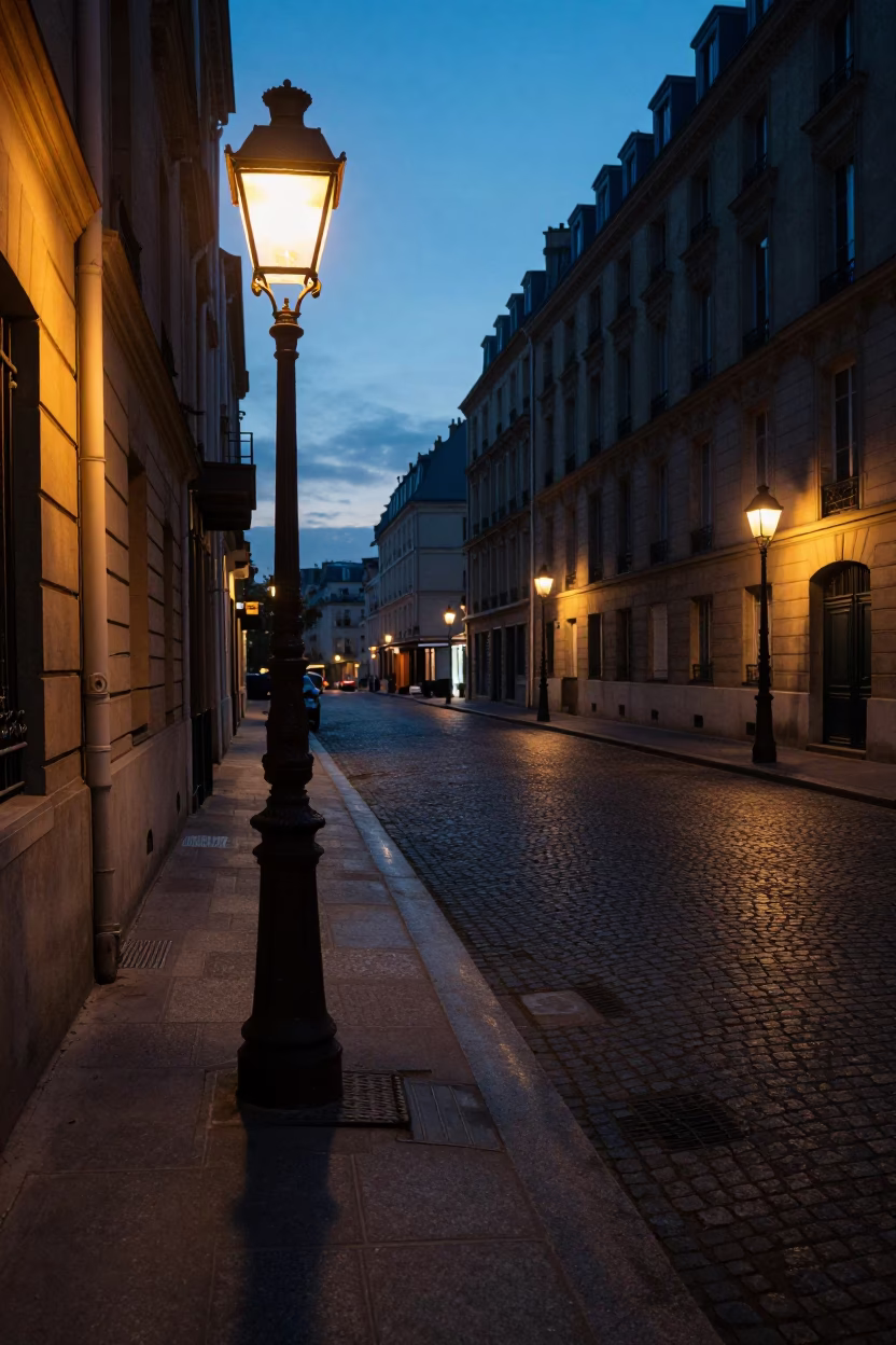 Predawn Paris Street Scene with Vintage Desk Lamp and Stone Bowl in in Paris, France