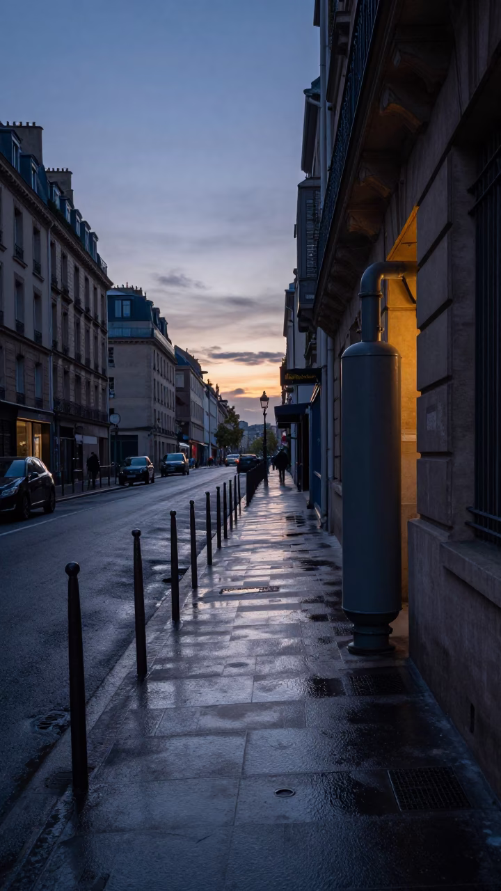 Predawn Paris Street Scene with Wet Condensation and Morning Glory Clouds Over French Architecture in in Paris, France