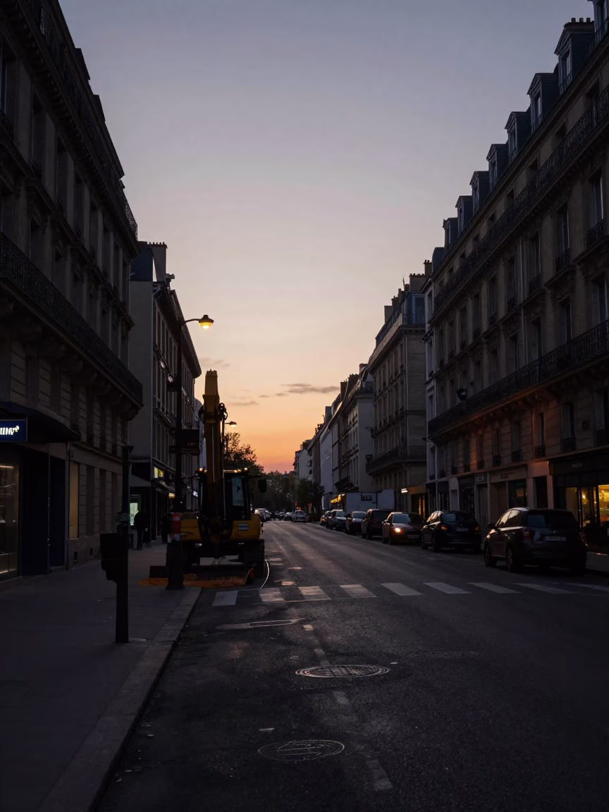 Predawn Paris Street View with Construction Equipment and Urban Infrastructure in in Paris, France