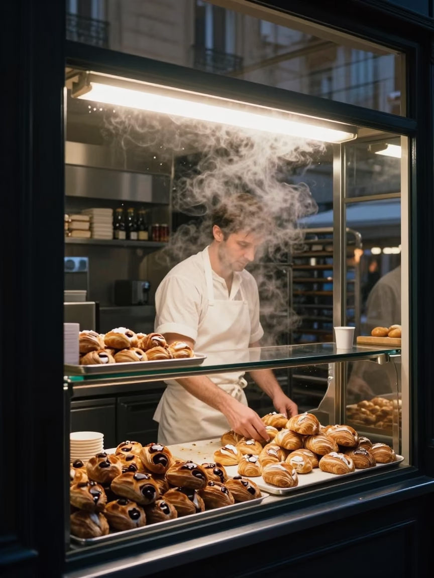 Predawn Parisian Bakery Interior with Steam and Early Morning Activity in in Paris, France