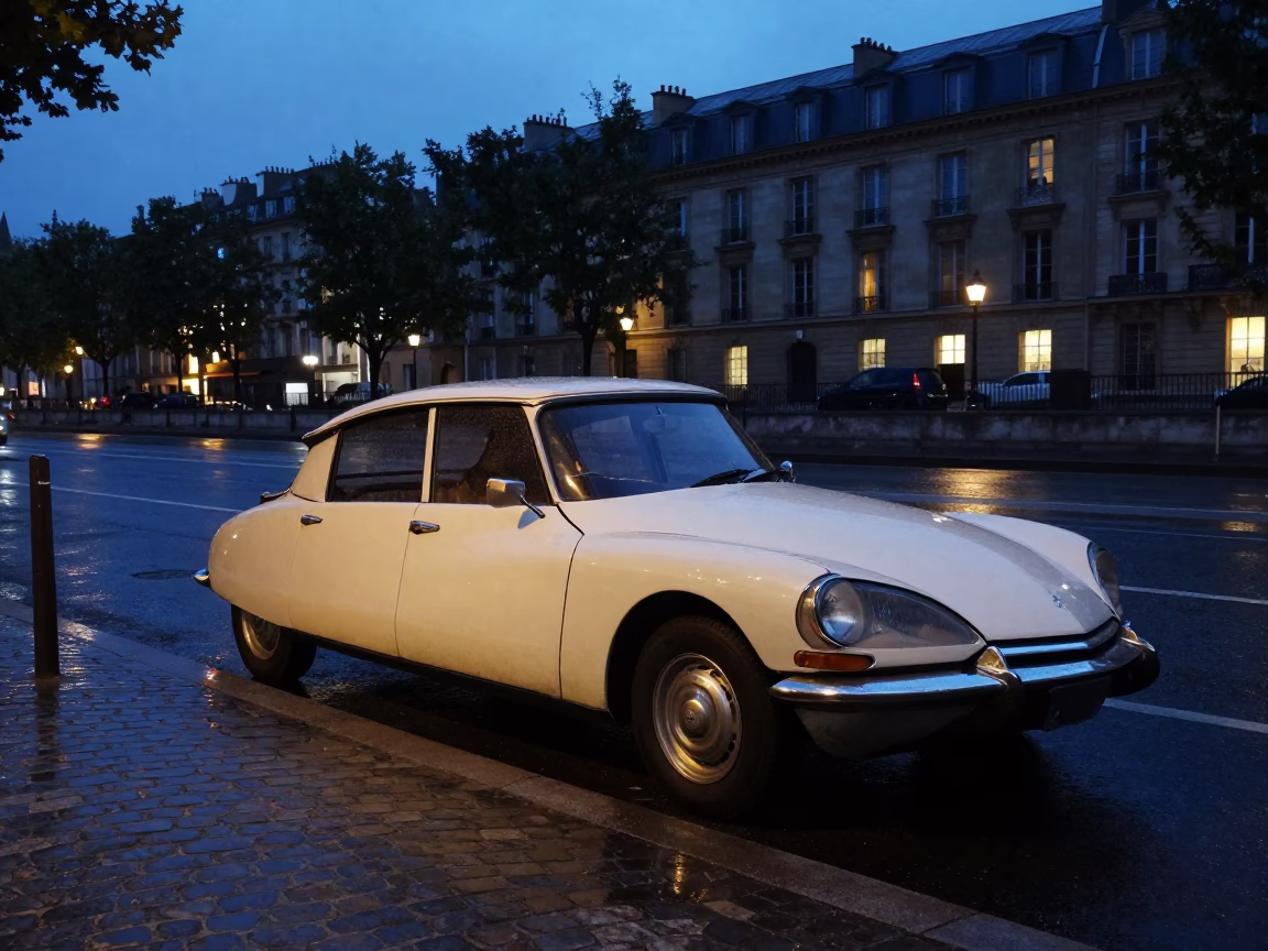 Predawn Parisian Street Corner with Vintage Car and Streetlights in France in in Paris, France